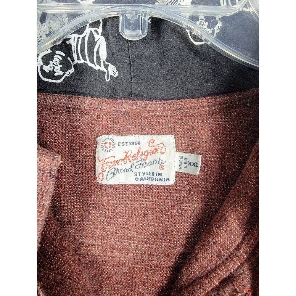 True Religion Hooded Shirt Mens XXL Burgundy Embroidered Logo Button Down Hoodie